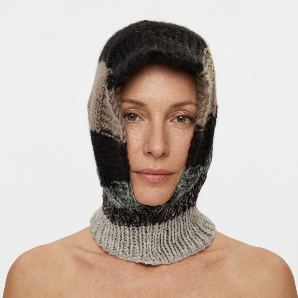 Hand-knitted striped hat and neck warmer on natural-looking model, angled front view
