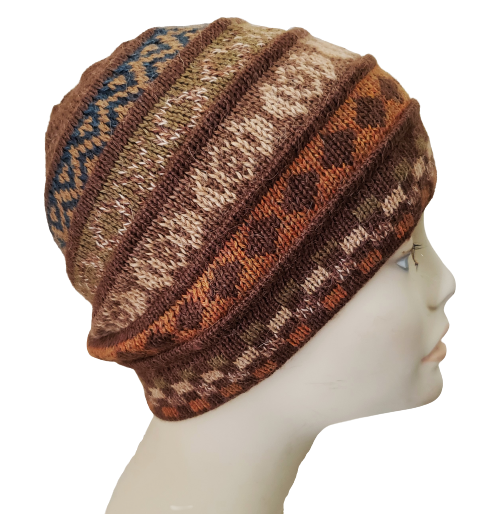 Alpaca Hat Beanie Brown Unisex with geometric design