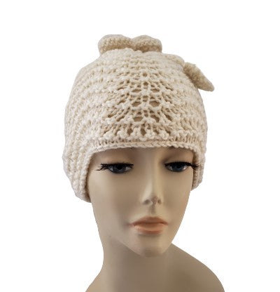 Kids White Alpaca Blended Hand Knitted Hat-FLOWER