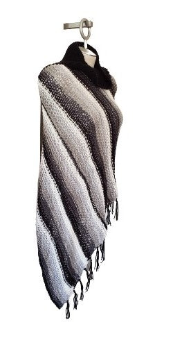 Alpaca Blended Hand Knitted Asymmetrical Poncho-Black & White