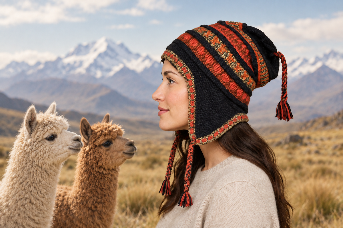 Black chullo model with alpacas looking toward her and distant snowy mountains
