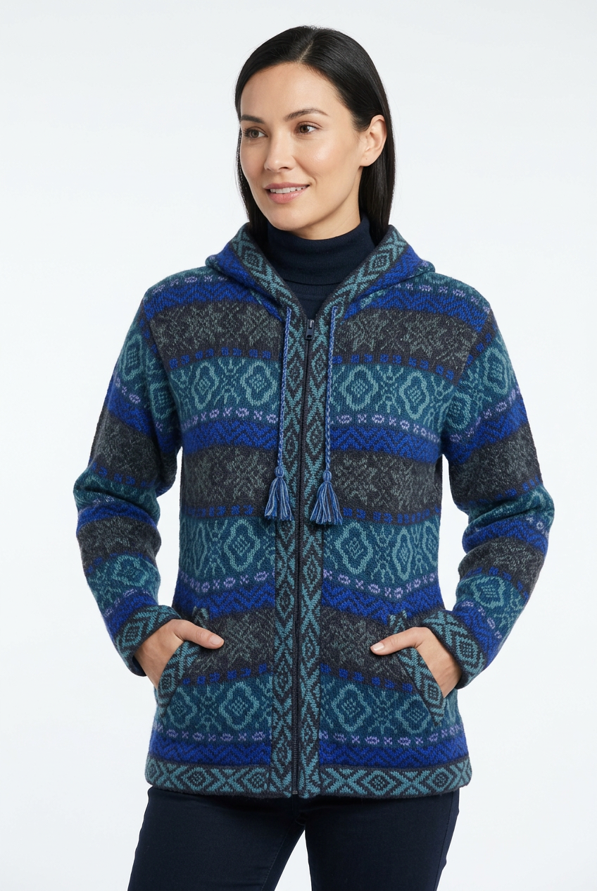Blue alpaca hoodie with a model’s face