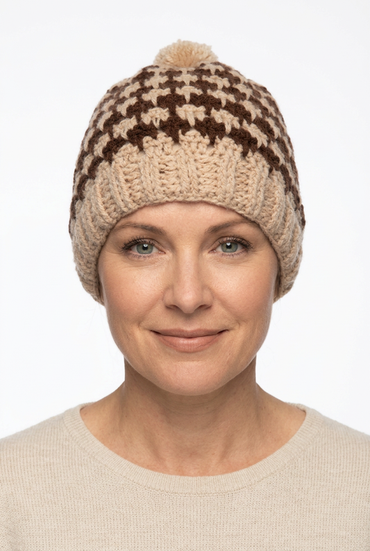 Brown and natural alpaca hat with a realistic model’s face