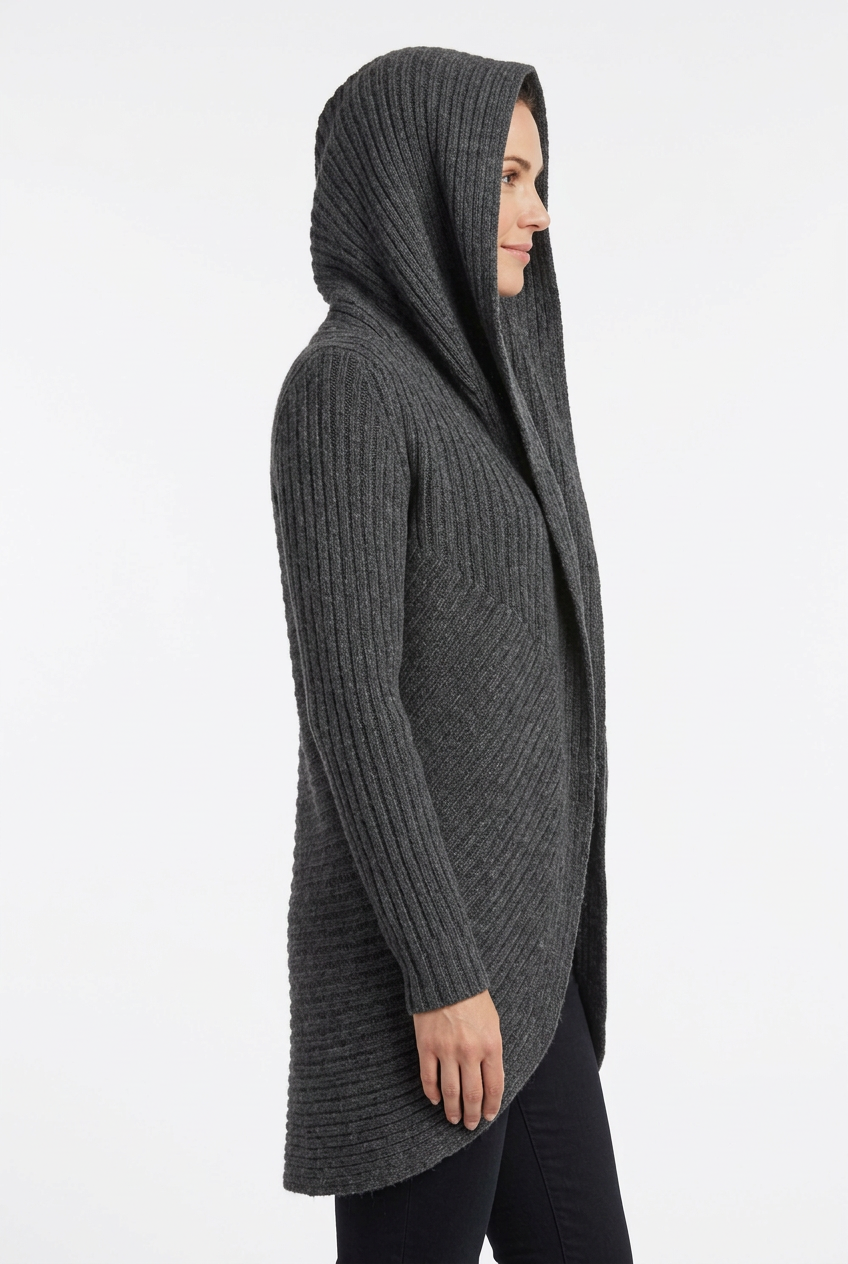 Grey hooded alpaca sweater coat with a model’s face