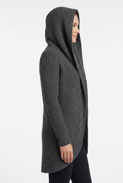 Grey hooded alpaca sweater coat with a model’s face