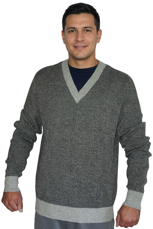 Grey men’s alpaca V-neck sweater with a male model’s face