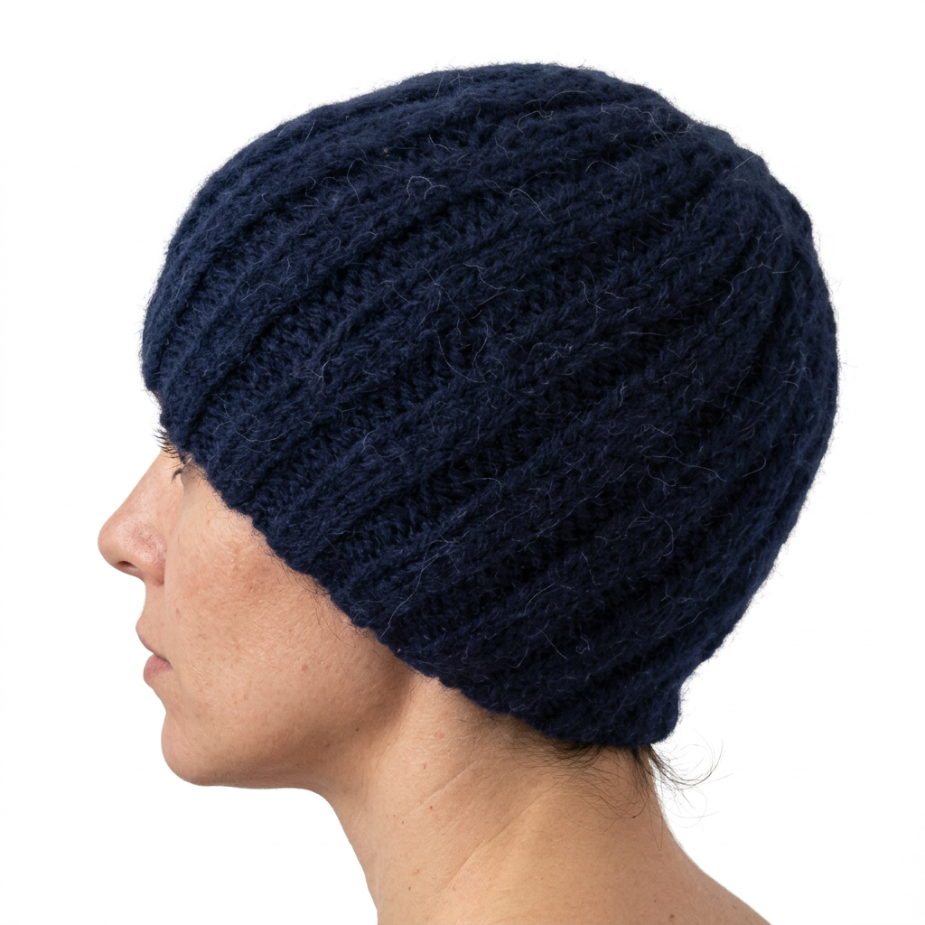 Navy blue hand-knitted hat on a natural-looking model, angled view