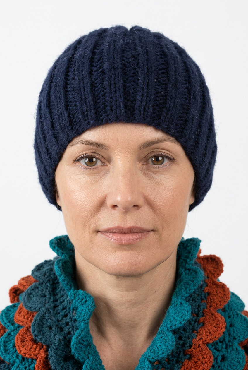 Navy blue hand-knitted hat on a natural-looking model, front view