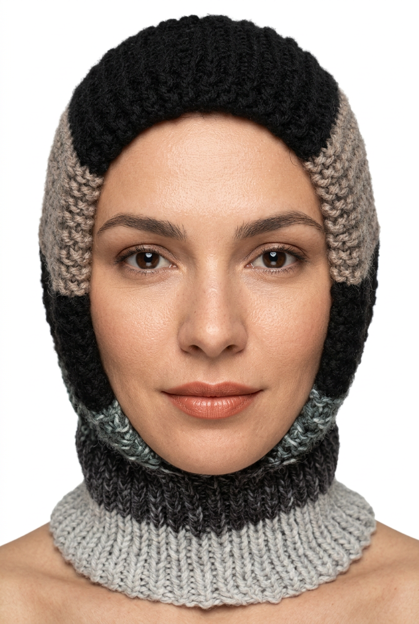 Hand-knitted striped hat and neck warmer on natural-looking model, front view