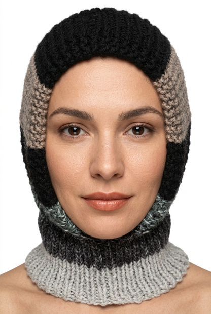 Hand-knitted striped hat and neck warmer on natural-looking model, front view