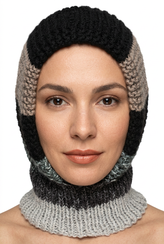 Hand-knitted striped hat and neck warmer on natural-looking model, front view