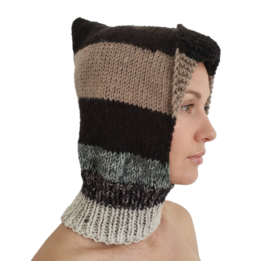 Hand-knitted striped hat and neck warmer on natural-looking model, side view