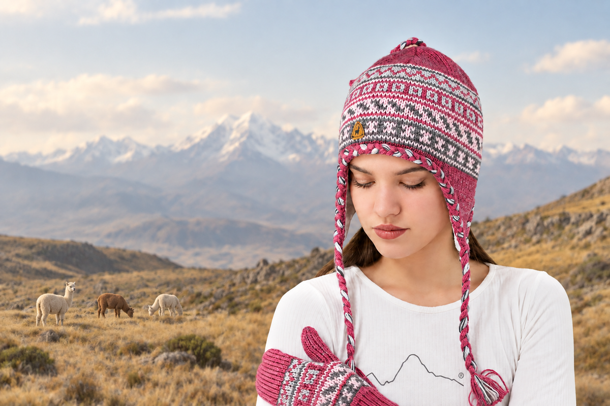 Magenta chullo banner with distant Peruvian mountains and small alpacas
