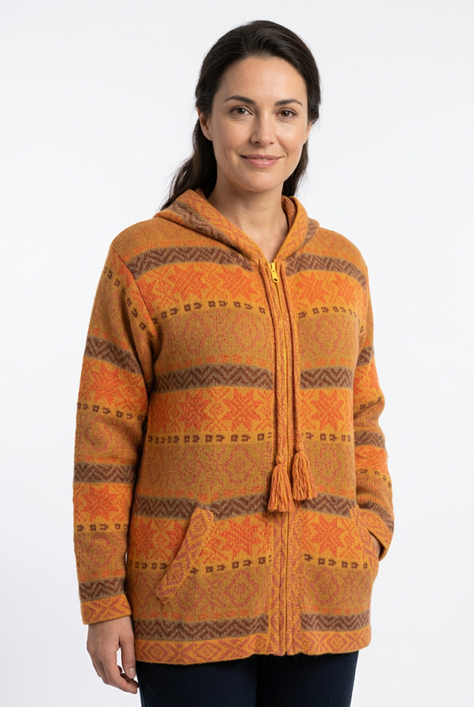 Mustard alpaca hoodie with a model’s face