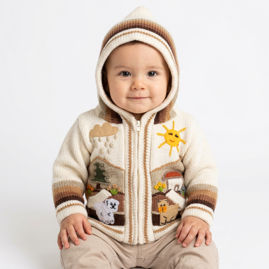 Natural-looking baby model wearing the SWARP-IV sweater