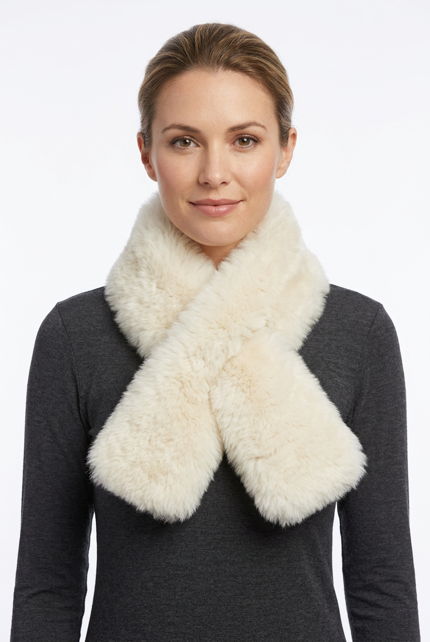 Natural-looking model wearing the ivory alpaca fur pull-through scarf