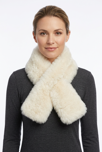 Natural-looking model wearing the ivory alpaca fur pull-through scarf