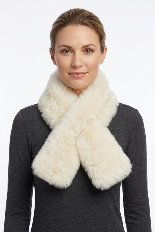 Natural-looking model wearing the ivory alpaca fur pull-through scarf