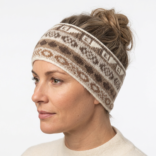 Natural-looking model wearing the off-white and brown alpaca headband