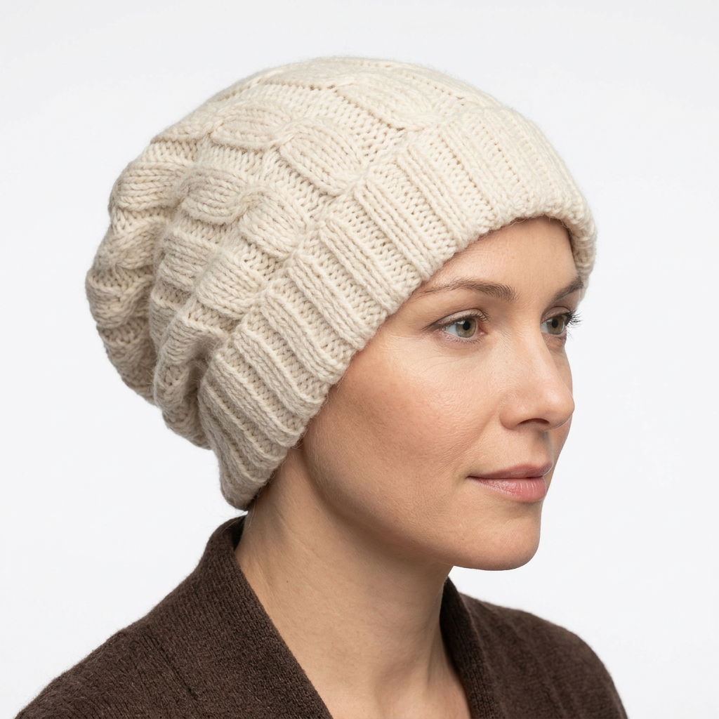 Off-white slouchy alpaca hat with a new model’s face