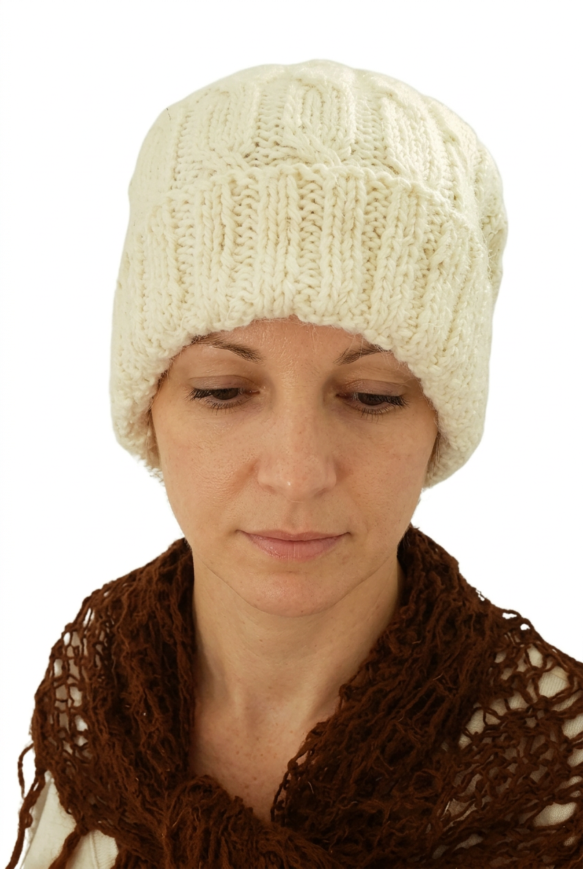 Off-white slouchy hat with a natural face in the downward-looking pose