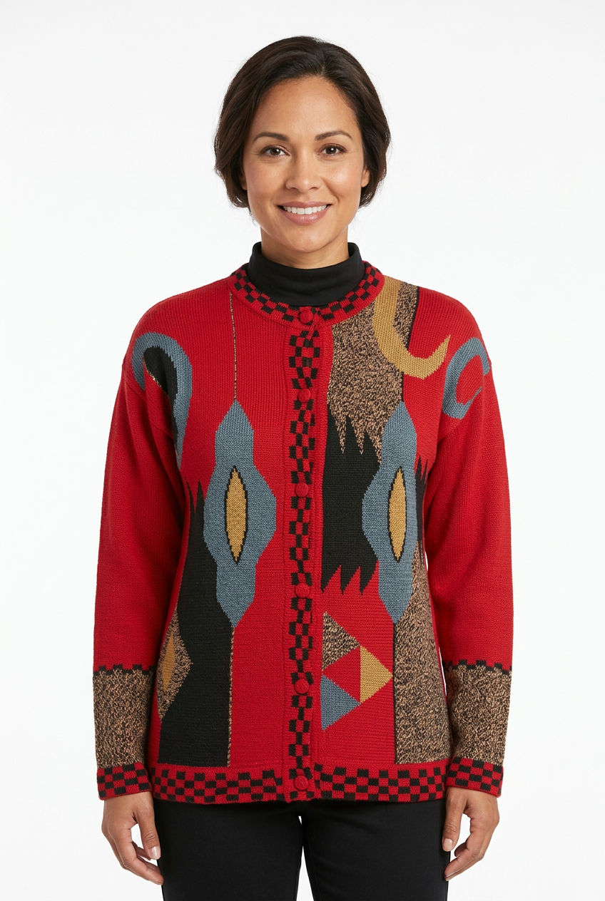 Red alpaca cardigan with a model’s face