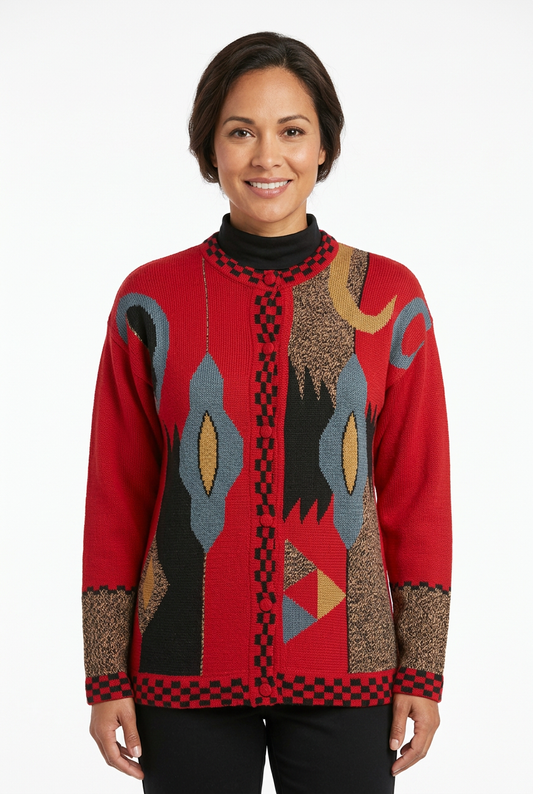 Red alpaca cardigan with a model’s face