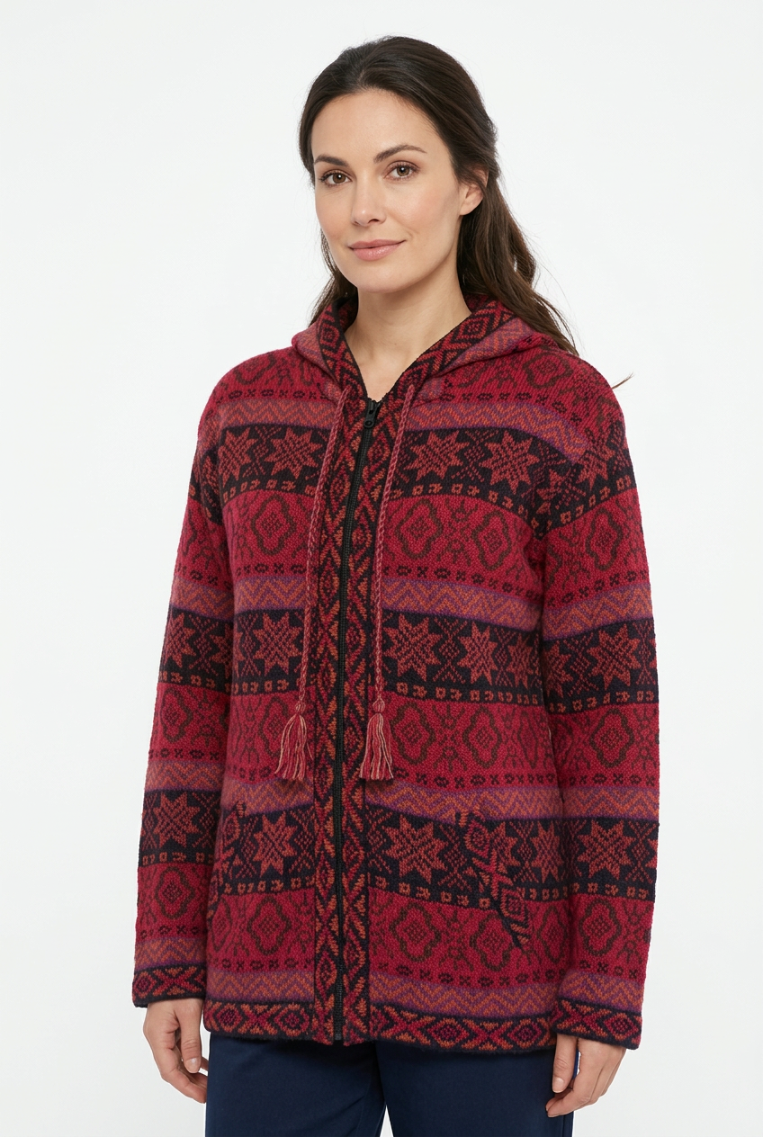 Red alpaca hoodie with a model’s face