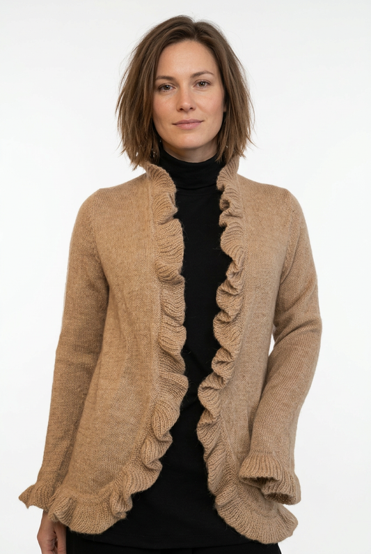 Tan ruffle cardigan model preview