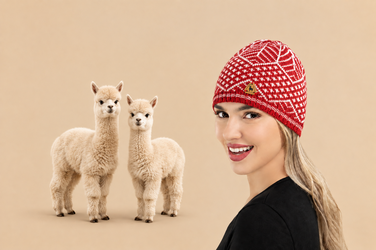 Winter hat banner with two small alpacas on the left