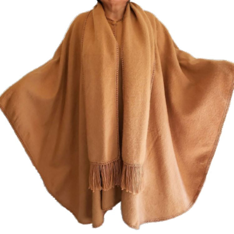 Luxury Alpaca Poncho blend, Cape Long with scarf attached, Camell color
