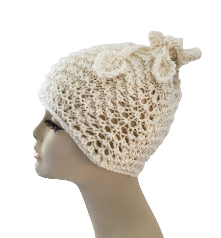 Kids White Alpaca Blended Hand Knitted Hat-FLOWER