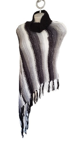 Alpaca Blended Hand Knitted Asymmetrical Poncho-Black & White